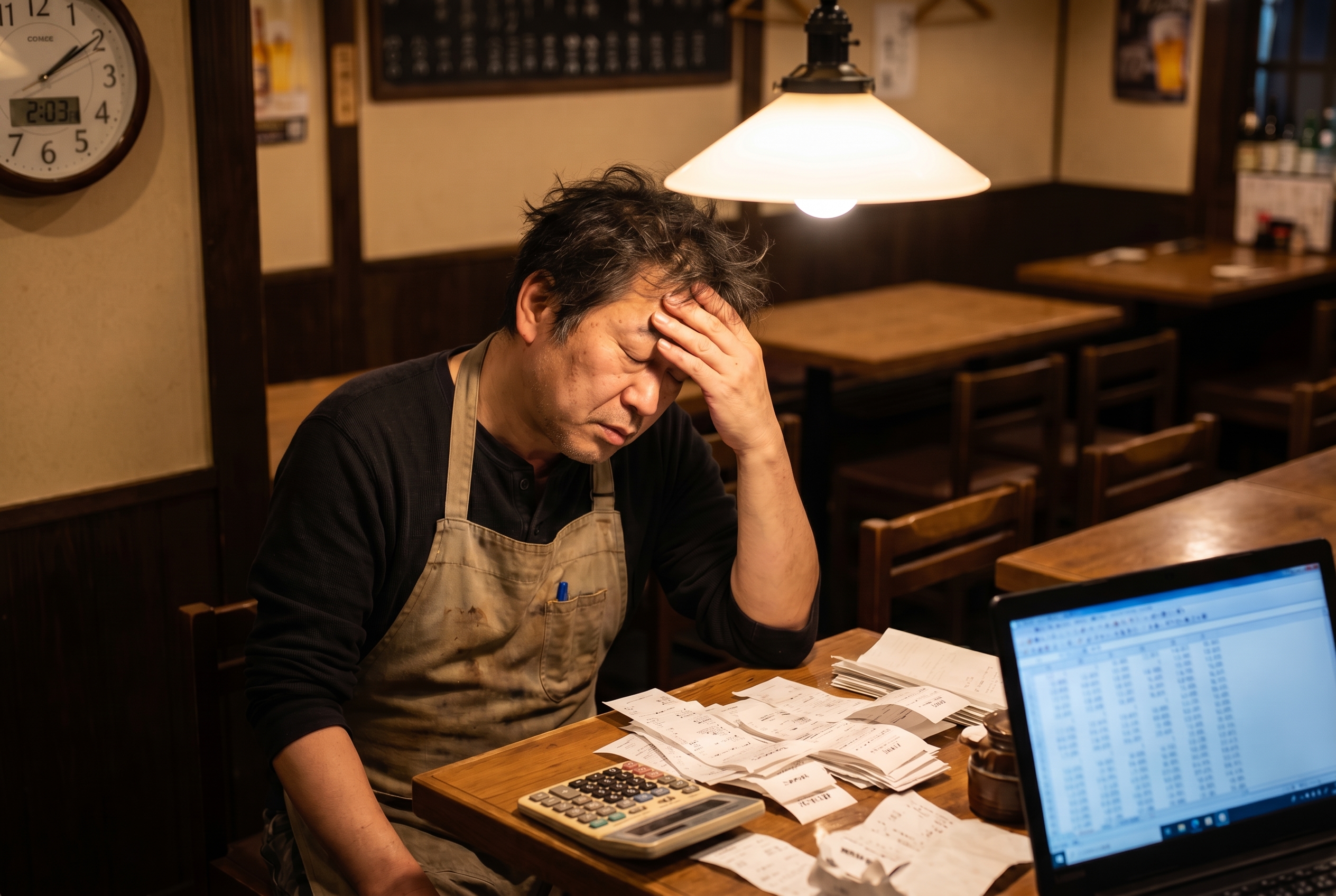 深夜に売上集計をする疲れた店長