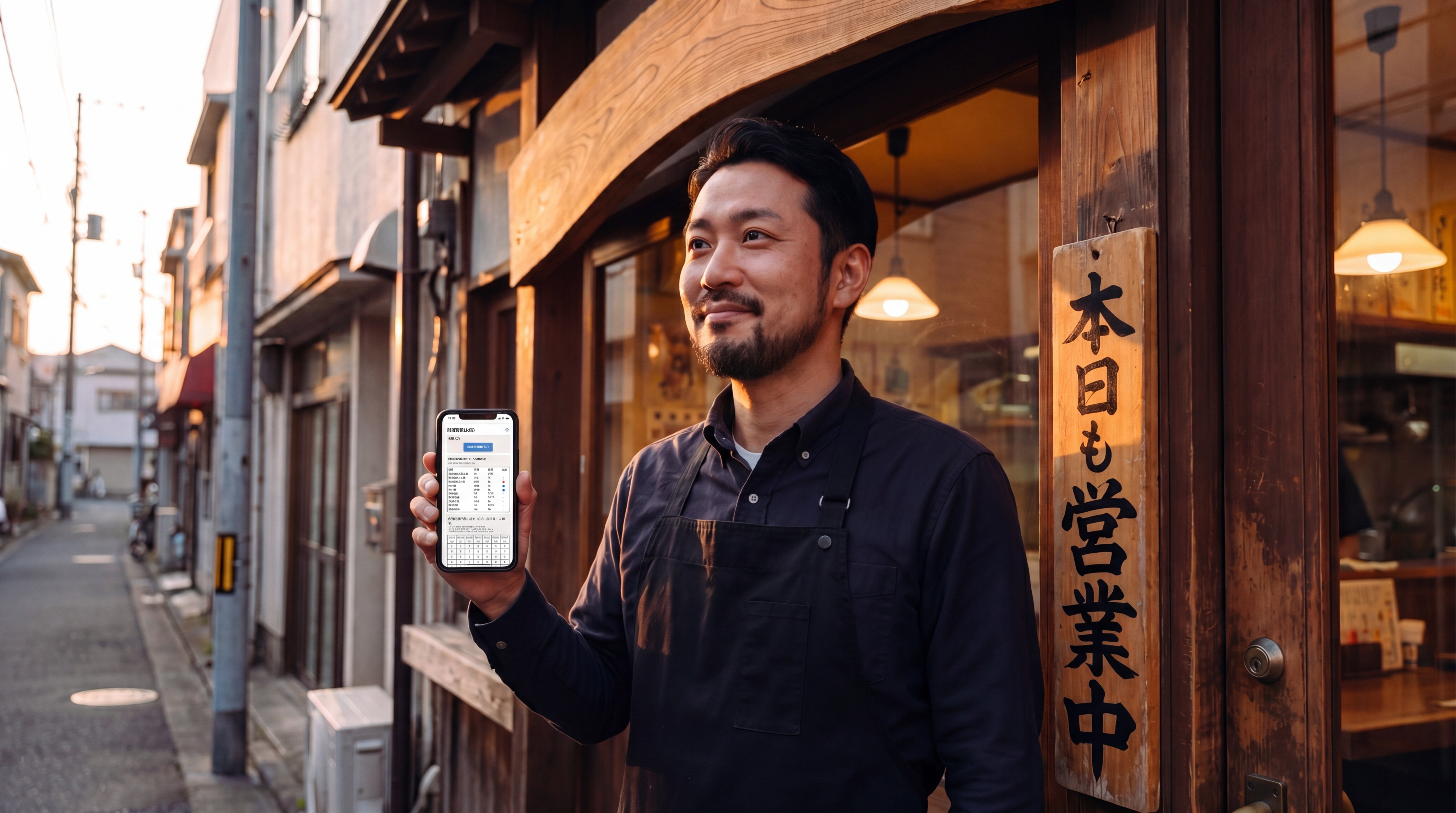 朝の店先で自信を持ってスマホを見せる店長